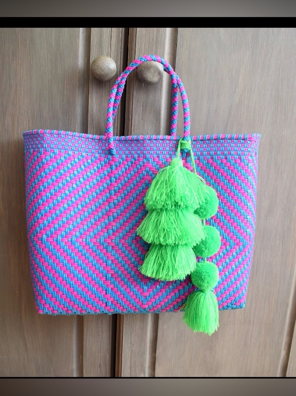 Woven Tote with Neon Green Tassel- beach/pool  bag